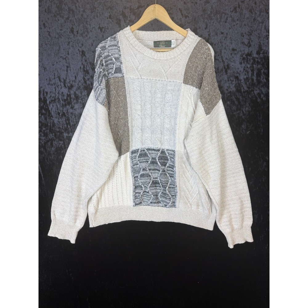 Vintage Orvis Long Sleeve Knitted Sweater Mens L Beige Geometric Patchwork